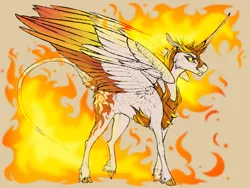 Size: 800x600 | Tagged: safe, artist:dementra369, derpibooru import, daybreaker, alicorn, classical unicorn, pony, unicorn, a royal problem, armor, cheek fluff, cloven hooves, curved horn, fangs, female, fire, gray background, helmet, large wings, leonine tail, mane of fire, mare, simple background, slit eyes, solo, spread wings, unshorn fetlocks, wings