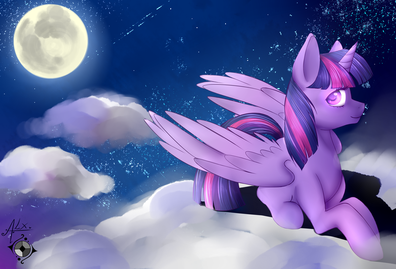 Size: 2777x1888 | Tagged: safe, artist:alexayume, derpibooru import, twilight sparkle, twilight sparkle (alicorn), alicorn, pony, cloud, colored pupils, female, full moon, looking at you, mare, moon, night, prone, smiling, solo, stars