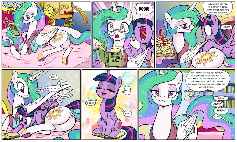 Size: 1920x1149 | Tagged: safe, artist:pencils, derpibooru import, princess celestia, twilight sparkle, twilight sparkle (alicorn), alicorn, pony, comic:sunbutt sunday, ^^, adorkable, bed, behaving like a cat, bibliophile, blushing, book, bookgasm, bookhorse, bookmark, celestia is not amused, clothes, colored pupils, comic, cute, cutelestia, dialogue, dock, dork, duo, eyes closed, eyes on the prize, eyeshadow, female, floppy ears, frown, glasses, gratuitous greek, gratuitous latin, greek, grin, implied tirek, latin, levitation, lidded eyes, looking back, magic, makeup, mare, momlestia, open mouth, plot, prone, purple smart, reaching, reading, reading glasses, sitting, slice of life, slippers, smiling, speech bubble, spread wings, squee, startled, sunbutt, telekinesis, that pony sure does love books, twiabetes, unamused, wall of tags, wide eyes, wings, written equestrian