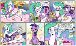 Size: 1920x1149 | Tagged: safe, artist:pencils, derpibooru import, princess celestia, twilight sparkle, twilight sparkle (alicorn), alicorn, pony, comic:sunbutt sunday, ^^, adorkable, bed, behaving like a cat, bibliophile, blushing, book, bookgasm, bookhorse, bookmark, celestia is not amused, clothes, colored pupils, comic, cute, cutelestia, dialogue, dock, dork, duo, eyes closed, eyes on the prize, eyeshadow, female, floppy ears, frown, glasses, gratuitous greek, gratuitous latin, greek, grin, implied tirek, latin, levitation, lidded eyes, looking back, magic, makeup, mare, momlestia, open mouth, plot, prone, purple smart, reaching, reading, reading glasses, sitting, slice of life, slippers, smiling, speech bubble, spread wings, squee, startled, sunbutt, telekinesis, that pony sure does love books, twiabetes, unamused, wall of tags, wide eyes, wings, written equestrian