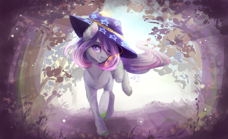 Size: 1800x1100 | Tagged: safe, artist:alina-sherl, derpibooru import, oc, unofficial characters only, pony, gray coat, hat, looking at you, purple mane, smiling, solo, wizard hat