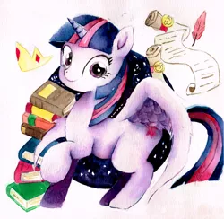 Size: 1600x1564 | Tagged: safe, artist:shiinadrawmiku, derpibooru import, twilight sparkle, twilight sparkle (alicorn), alicorn, pony, book, feather, female, jewelry, looking at you, mare, prone, raised hoof, regalia, scroll, solo, traditional art