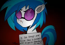 Size: 1000x690 | Tagged: suggestive, artist:echo009, derpibooru import, vinyl scratch, pony, unicorn, vampire, blood, blushing, drugs, female, glasses, mare, nosebleed, pony shaming, shaming, sign, solo, solo female, sunglasses, text, vinyl the vampire