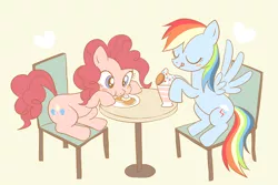 Size: 2250x1500 | Tagged: safe, artist:ryuu, derpibooru import, pinkie pie, rainbow dash, pony, blushing, chair, cute, diapinkes, duo, duo female, eating, eyes closed, female, food, mare, pancakes, simple background, sitting, spread wings, table, tongue out, wings