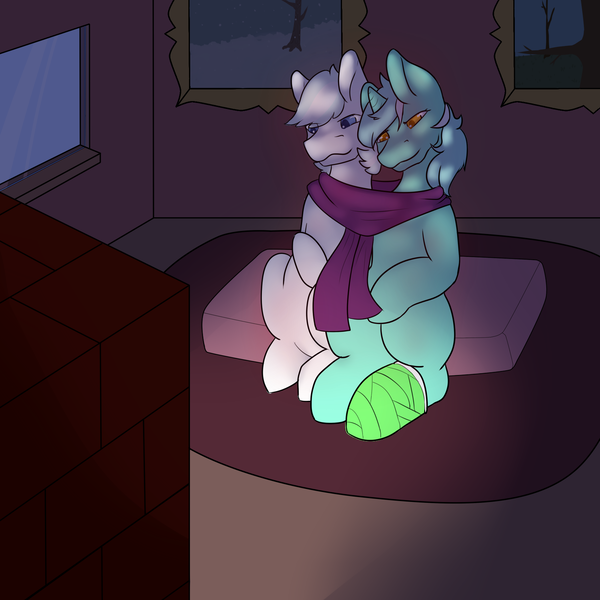 Size: 2000x2000 | Tagged: safe, artist:blacksky1113, derpibooru import, double diamond, lyra heartstrings, earth pony, pony, unicorn, bandage, blushing, broken leg, cabin, cast, clothes, crack shipping, cute, female, fireplace, leg cast, lymond, male, mare, pillow, scarf, shipping, snow, stallion, straight, tree, window