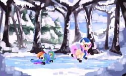 Size: 3726x2250 | Tagged: safe, artist:thefloatingtree, derpibooru import, fluttershy, rainbow dash, pegasus, pony, beanie, clothes, cute, female, forest, frown, hat, ice, ice skating, mare, prone, raised hoof, raised leg, scenery, sliding, smiling, snow, tree, wide eyes, winter