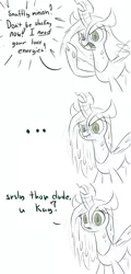 Size: 800x1670 | Tagged: safe, artist:heir-of-rick, derpibooru import, queen chrysalis, changeling, changeling queen, ..., comic, cute, cutealis, dialogue, female, monochrome, open mouth, raised hoof, scrunchy face, simple background, sketch, solo, talking to viewer, white background