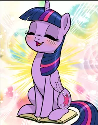 Size: 1128x1433 | Tagged: safe, artist:pencils, derpibooru import, edit, twilight sparkle, twilight sparkle (alicorn), alicorn, pony, abstract background, adorkable, behaving like a cat, blushing, book, bookhorse, cropped, cute, dawwww, dork, eyes closed, female, happy, hnnng, mare, open mouth, pencils is trying to murder us, sitting, smiling, solo, that pony sure does love books, twiabetes, weapons-grade cute