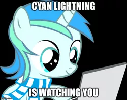 Size: 634x500 | Tagged: safe, artist:cyanlightning, derpibooru import, oc, oc:cyan lightning, unofficial characters only, unicorn, big brother is watching, black background, clothes, colt, computer, laptop computer, male, meme, scarf, simple background, watching