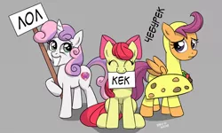 Size: 1200x720 | Tagged: safe, artist:hardbrony, derpibooru import, apple bloom, scootaloo, sweetie belle, earth pony, pegasus, pony, unicorn, clothes, costume, cutie mark crusaders, cyrillic, eyes closed, female, filly, gray background, kek, meme, russian, sign, simple background, smiling, trio