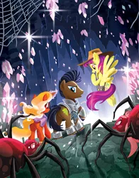 Size: 648x828 | Tagged: safe, artist:tonyfleecs, derpibooru import, firebrand, strong oak, thrilly filly, earth pony, giant spider, pegasus, pony, spider, unicorn, tails of equestria, the festival of lights, armor, cave, clothes, cover, crystal, female, hat, male, mare, spider web, stallion, underdark