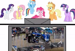 Size: 622x420 | Tagged: applejack, artist:didgereethebrony, australia, car, car crash, crash, derpibooru import, fluttershy, holden commodore, mane six, melbourne, obligatory pony, pinkie pie, racecar, rainbow dash, rarity, reaction, safe, sandown raceway, shocked expression, television, twilight sparkle, virgin australia supercars championship