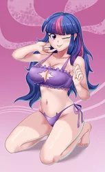 Size: 551x900 | Tagged: suggestive, artist:thebrokencog, derpibooru import, twilight sparkle, human, adorasexy, barefoot, blue hair, bra, breasts, busty twilight sparkle, cat lingerie, cleavage, clothes, crop top bra, cute, feet, female, frilly underwear, humanized, light skin, lingerie, long hair, multicolored hair, one eye closed, panties, pink hair, purple hair, purple underwear, sexy, side knot underwear, solo, solo female, tongue out, twiabetes, underwear, wink