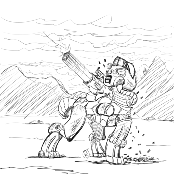 Size: 1000x1000 | Tagged: armor, artist:overkenzie, canterlot, derpibooru import, fallout equestria, minigun, power armor, safe, shooting, sketch, solo, steel ranger, steel rangers, wake up and smell the cordite