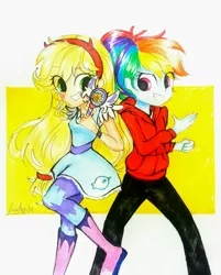 Size: 2024x2522 | Tagged: safe, artist:liaaqila, derpibooru import, applejack, rainbow dash, equestria girls, alternate hairstyle, appledash, clothes, cosplay, costume, female, hoodie, lesbian, magic wand, marco diaz, raised leg, shipping, smiling, star butterfly, star vs the forces of evil, wand