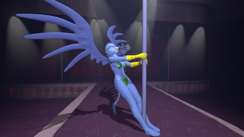 Size: 1920x1080 | Tagged: questionable, artist:kingdude84, derpibooru import, gabby, anthro, gryphon, plantigrade anthro, 3d, barefoot, bikini, breasts, clothes, feet, female, pole dancing, solo, solo female, source filmmaker, stripper pole, swimsuit