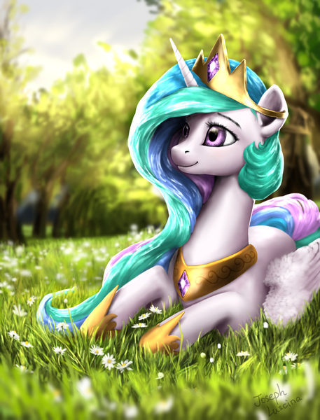 Size: 1600x2100 | Tagged: dead source, safe, artist:rossignolet, derpibooru import, princess celestia, alicorn, pony, beautiful, crown, cute, cutelestia, female, grass, jewelry, mare, prone, regalia, scenery, smiling, solo, tree, wing fluff