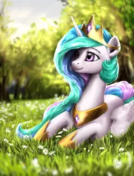 Size: 1600x2100 | Tagged: dead source, safe, artist:rossignolet, derpibooru import, princess celestia, alicorn, pony, beautiful, crown, cute, cutelestia, female, grass, jewelry, mare, prone, regalia, scenery, smiling, solo, tree, wing fluff