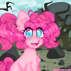 Size: 3000x3000 | Tagged: safe, artist:bunxl, derpibooru import, pinkie pie, pony, the cutie mark chronicles, braces, chest fluff, cute, diapinkes, eye reflection, female, filly, filly pinkie pie, heart eyes, looking up, open mouth, pigtails, rainbow, reflection, scene interpretation, smiling, solo, starry eyes, wingding eyes, younger