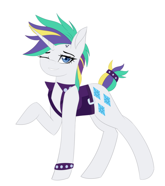 Size: 3780x4248 | Tagged: safe, artist:queencorrupted, derpibooru import, rarity, pony, unicorn, alternate hairstyle, clothes, female, jacket, looking at you, mare, one eye closed, punk, raripunk, smiling, solo, wink