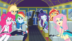Size: 640x360 | Tagged: safe, derpibooru import, screencap, applejack, fluttershy, pinkie pie, rainbow dash, rarity, sunset shimmer, equestria girls, equestria girls series, road trippin, animated, bus, converse, seatbelt, shoes, sneakers, tour bus