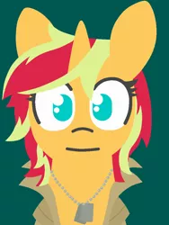 Size: 750x1000 | Tagged: safe, artist:threetwotwo32232, derpibooru import, sunset shimmer, unicorn, bust, clothes, coat, dog tags, liquid snake, looking at you, metal gear solid, parody, portrait, solo