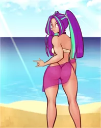 Size: 3192x4032 | Tagged: aria blaze, artist:scorpdk, ass, beach, bikini, breasts, clothes, derpibooru import, female, human, humanized, looking back, rear view, sarong, see-through, see-through skirt, solo, solo female, suggestive, swimsuit, thong, thong swimsuit, water, wrap skirt