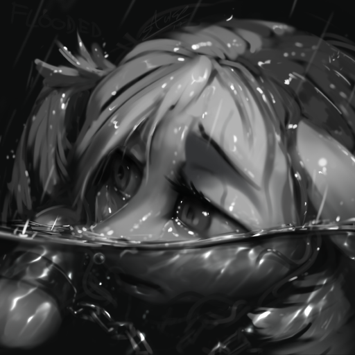 Size: 512x512 | Tagged: semi-grimdark, artist:assasinmonkey, derpibooru import, rainbow dash, pony, asphyxiation, chained, chains, drowning, female, floppy ears, grayscale, imminent death, mare, monochrome, sad, shackles, solo, water, wet, wet mane