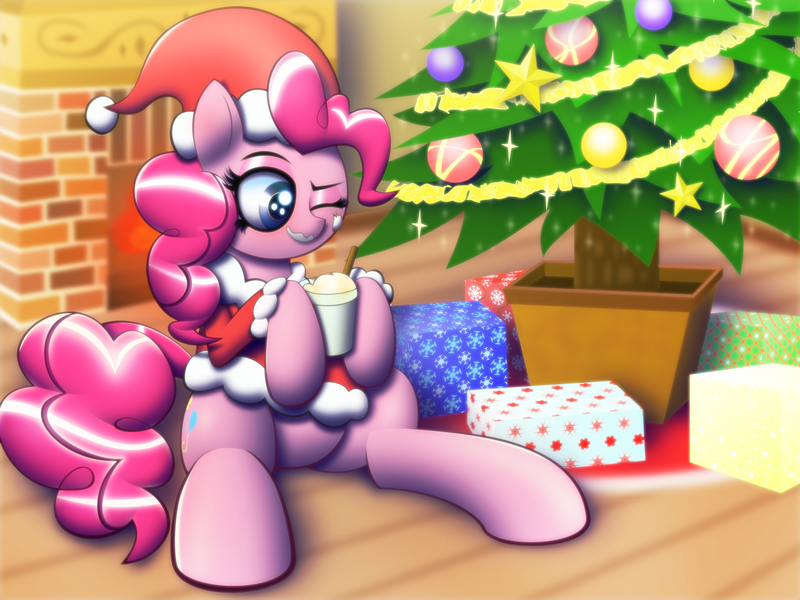 Size: 6000x4500 | Tagged: safe, artist:t.f.a.n.c.s., derpibooru import, pinkie pie, absurd resolution, chocolate, christmas, christmas tree, clothes, costume, food, hat, holiday, hot chocolate, present, santa costume, santa hat, sitting, solo, tree