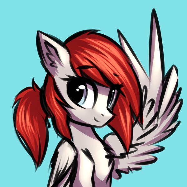 Size: 2000x2000 | Tagged: safe, artist:setharu, derpibooru import, oc, oc:unnamed pegasus, unofficial characters only, pegasus, pony, fallout equestria, blue background, bust, chest fluff, ear fluff, female, looking at you, mare, peace sign, simple background, smiling, solo, wing hands