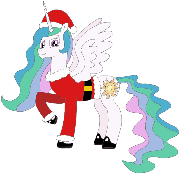 Size: 2255x2148 | Tagged: safe, artist:supahdonarudo, derpibooru import, princess celestia, pegasus, pony, christmas, clothes, costume, female, hat, holiday, mare, santa costume, santa hat, simple background, solo, transparent background, vector