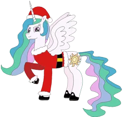 Size: 2255x2148 | Tagged: safe, artist:supahdonarudo, derpibooru import, princess celestia, pegasus, pony, christmas, clothes, costume, female, hat, holiday, mare, santa costume, santa hat, simple background, solo, transparent background, vector