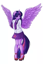 Size: 700x1050 | Tagged: alicorn, anthro, arm behind back, artist:tomness, clothes, cute, derpibooru import, female, high heels, legs, looking at you, mare, moe, necktie, plantigrade anthro, pleated skirt, safe, school uniform, shoes, simple background, skirt, solo, spread wings, twiabetes, twilight sparkle, twilight sparkle (alicorn), white background, wings