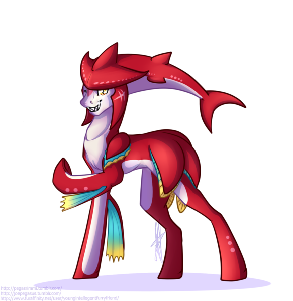 Size: 1079x1110 | Tagged: safe, artist:rimmi1357, derpibooru import, ponified, merpony, pony, zora, zora pony, he belive in you, male, prince sidon, sidon, simple background, solo, the legend of zelda, the legend of zelda: breath of the wild, white background
