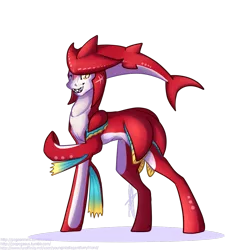 Size: 1079x1110 | Tagged: safe, artist:rimmi1357, derpibooru import, ponified, merpony, pony, zora, zora pony, he belive in you, male, prince sidon, sidon, simple background, solo, the legend of zelda, the legend of zelda: breath of the wild, white background
