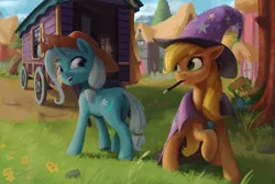 Size: 4479x3000 | Tagged: safe, artist:starblaze25, derpibooru import, applejack, trixie, earth pony, pony, unicorn, accessory swap, applejack's hat, cape, clothes, cowboy hat, duo, female, floppy ears, hat, high res, lesbian, looking back, magic wand, mane swap, mare, mouth hold, open mouth, ponyville, raised hoof, shipping, smiling, stetson, the great and powerful, tripplejack, trixie's cape, trixie's hat, trixie's wagon, wand