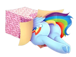 Size: 2509x1909 | Tagged: suggestive, artist:meowcephei, derpibooru import, rainbow dash, pegasus, pony, backwards cutie mark, box, buttstuck, christmas, female, heart, heart hoof, holiday, mare, need to go on a diet, need to lose weight, plot, pony in a box, present, rainbutt dash, simple background, solo, stuck, the ass was fat, the ass was too fat, too fat, too fat to fit, too fat to get through, transparent background, underhoof