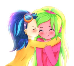 Size: 896x808 | Tagged: safe, artist:electricshine, derpibooru import, indigo zap, lemon zest, equestria girls, blushing, clothes, cute, ear piercing, earring, eyes closed, eyeshadow, female, goggles, jewelry, kissing, kpopjunkie is trying to murder us, lemonzap, lesbian, long hair, makeup, piercing, shipping, simple background, smiling, white background