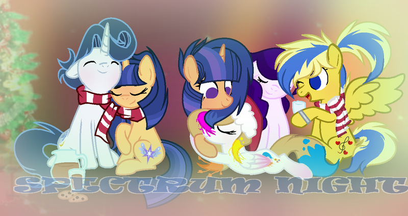 Size: 1370x724 | Tagged: safe, artist:spectrumnightyt, derpibooru import, oc, oc:galaxy swirls, oc:melody sweetheart, oc:purple palette, oc:spectrum night, oc:spring splat, oc:velvet sentry, unofficial characters only, pegasus, pony, unicorn, christmas, christmas tree, clothes, female, holiday, male, mare, offspring, parent:flash sentry, parent:rarity, parent:soarin', parent:twilight sparkle, parents:flashlight, parents:soarity, scarf, stallion, tree