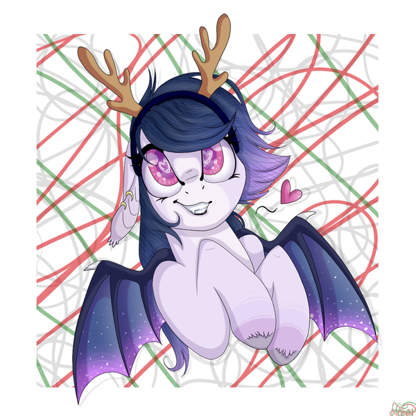 Size: 1150x1150 | Tagged: safe, artist:autumnheart462, derpibooru import, oc, oc:irradiant crystalline, unofficial characters only, bat pony, pony, animal costume, antlers, bat pony oc, costume, female, heart eyes, mare, reindeer antlers, solo, wingding eyes, ych result