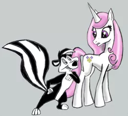 Size: 1000x905 | Tagged: safe, artist:bluedaisy767, derpibooru import, fleur-de-lis, skunk, unicorn, animal, crossover, female, looney tunes, male, pepe le pew, skunk stripe