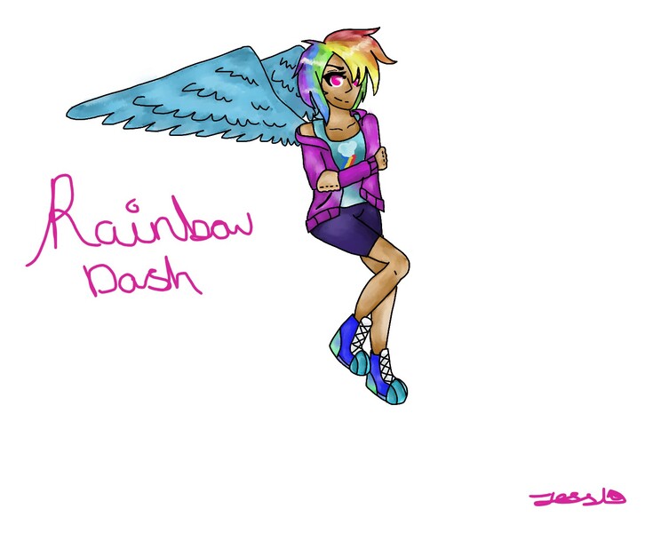 Size: 1472x1216 | Tagged: safe, artist:jessydraws, derpibooru import, rainbow dash, human, clothes, converse, female, hoodie, humanized, shoes, shorts, simple background, solo, tanktop, white background, winged humanization, wings