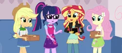 Size: 1600x706 | Tagged: safe, artist:thomaszoey3000, derpibooru import, applejack, fluttershy, sci-twi, sunset shimmer, twilight sparkle, equestria girls, clothes, cowboy hat, cute, denim skirt, freckles, glasses, hat, jacket, leather jacket, ponytail, skirt, stetson, tanktop