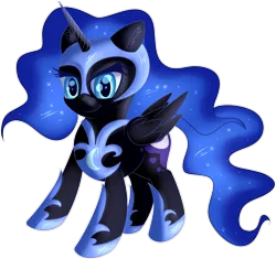 Size: 828x779 | Tagged: safe, artist:brok-enwings, derpibooru import, nightmare moon, alicorn, pony, chibi, ethereal mane, female, filly, galaxy mane, helmet, nightmare woon, simple background, smiling, solo, transparent background