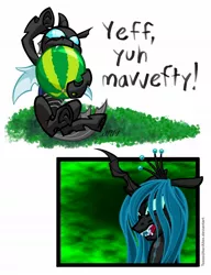 Size: 1000x1301 | Tagged: artist:texasuberalles, changeling, changeling loves watermelon, derpibooru import, duo, eating, fangs, female, food, queen chrysalis, safe, salute, watermelon