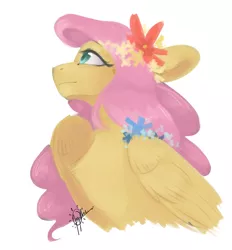 Size: 1300x1400 | Tagged: safe, artist:yuyusunshine, derpibooru import, fluttershy, pegasus, pony, beautiful, bust, cute, female, floppy ears, flower, flower in hair, folded wings, green eyes, looking away, looking up, mare, profile, shyabetes, signature, simple background, smiling, solo, white background