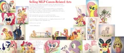 Size: 3320x1416 | Tagged: safe, artist:thefriendlyelephant, derpibooru import, apple bloom, applejack, big macintosh, fluttershy, marble pie, pinkie pie, queen chrysalis, rainbow dash, rarity, scootaloo, spike, sweetie belle, bat pony, chicken, dragon, earth pony, parrot, pegasus, pony, unicorn, advertisement, advertising, apple, ball, bow, candy, candy corn, cider, collage, cookie, cutie mark crusaders, flag, flutterbat, food, jenga, mane six, oreo, palm tree, pot, question mark, race swap, rope, ruler, selling, text, traditional art, tree