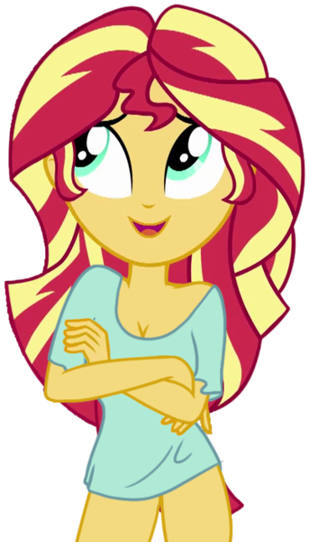 Size: 403x704 | Tagged: suggestive, derpibooru import, edit, editor:marno, vector edit, sunset shimmer, equestria girls, bottomless, breasts, cleavage, clothes, female, implied bottomless, partial nudity, shirt, solo, vector