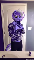 Size: 720x1280 | Tagged: safe, artist:whisperfoot, derpibooru import, oc, oc:berry frost, unofficial characters only, anthro, anthro oc, bathroom, camouflage, choker, chromatic aberration, drawing over a selfie, earbuds, femboy, male, phone, selfie, solo, tights