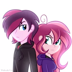 Size: 1024x1024 | Tagged: safe, artist:wubcakeva, derpibooru import, oc, oc:contralto, oc:kai, unofficial characters only, equestria girls, brother and sister, clothes, disguised siren, duo, equestria girls-ified, female, hair over one eye, male, siblings, simple background, white background